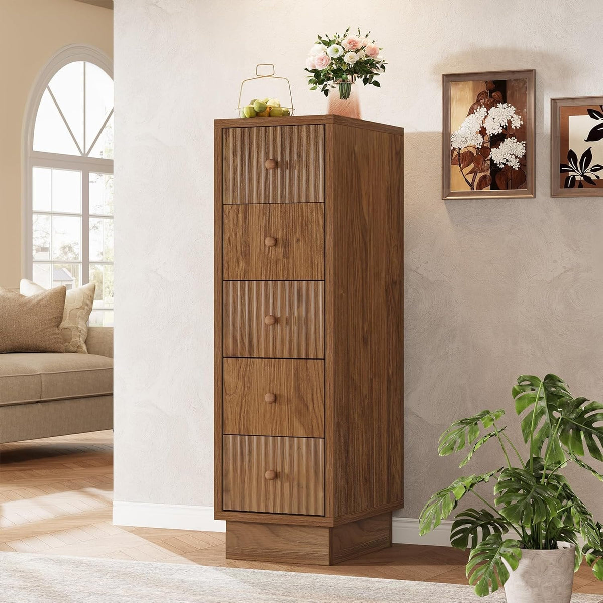39" Wooden Bathroom Floor Cabinet, Tall Narrow Storage Cabinet with 5 Drawers