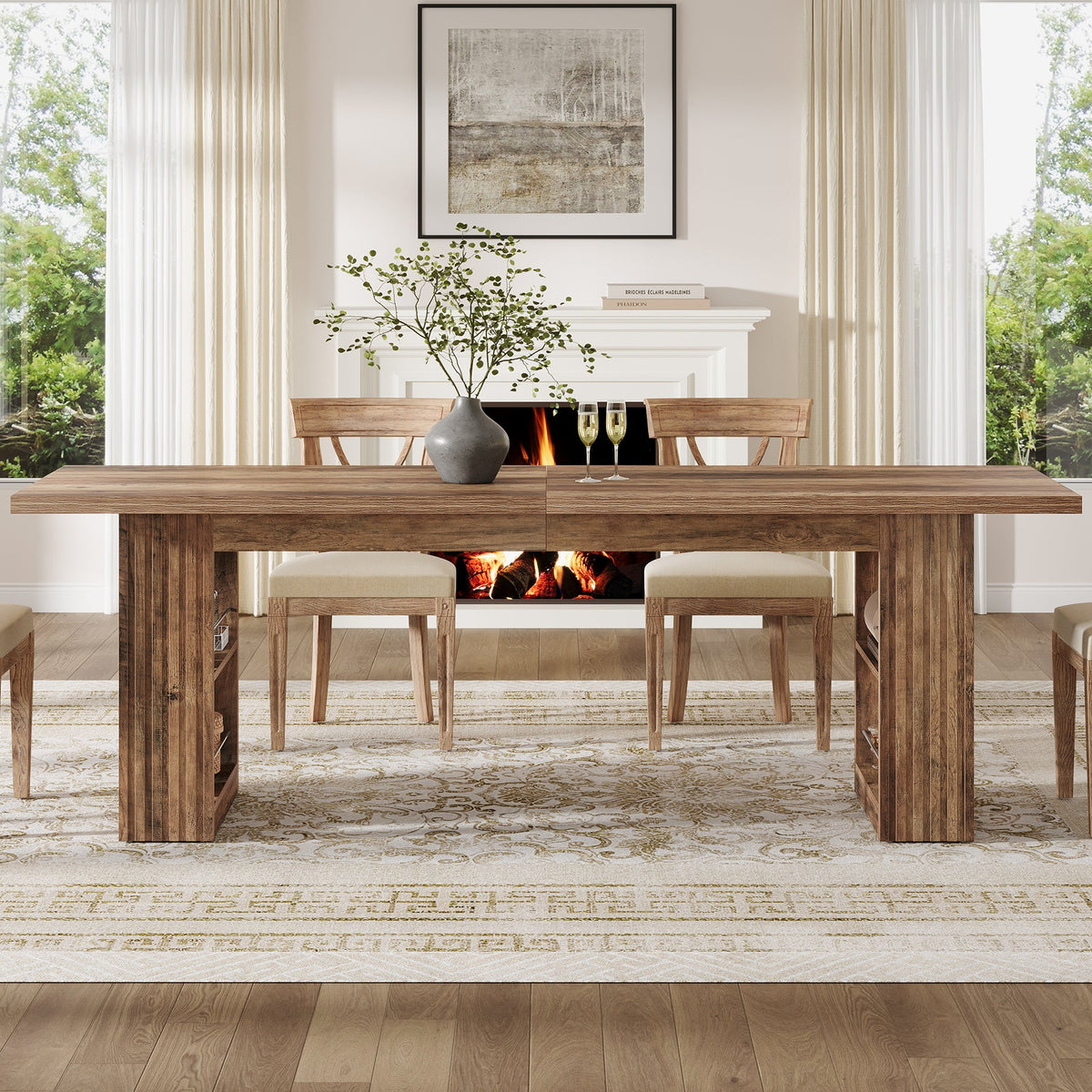 79” Farmhouse Dining Table, Large Kitchen Table with Storage Shelves for Dining Room & Kitchen