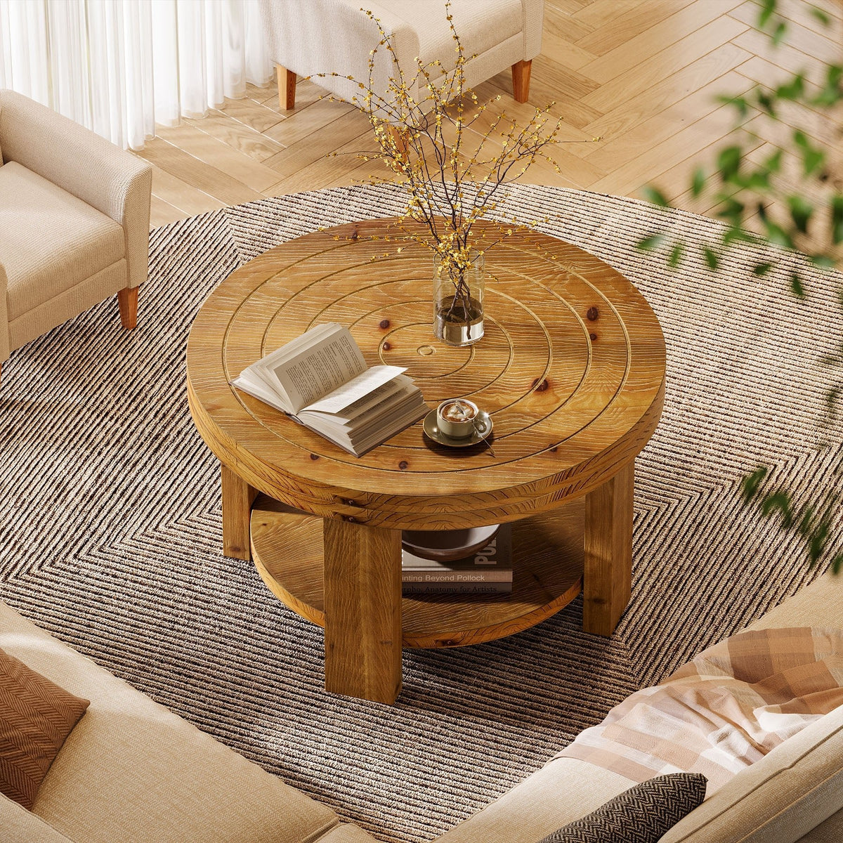Round Solid Wood Coffee Table, 31.5" Center Table with 2-Tier Storage