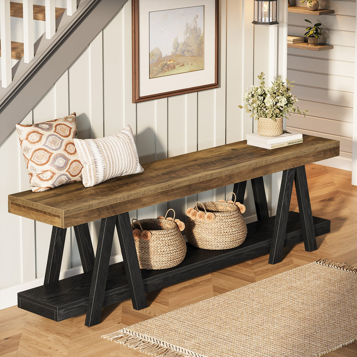59.05" Entryway Bench with Shoe Storage, 2-Tier End of Bed Bench with Shelves