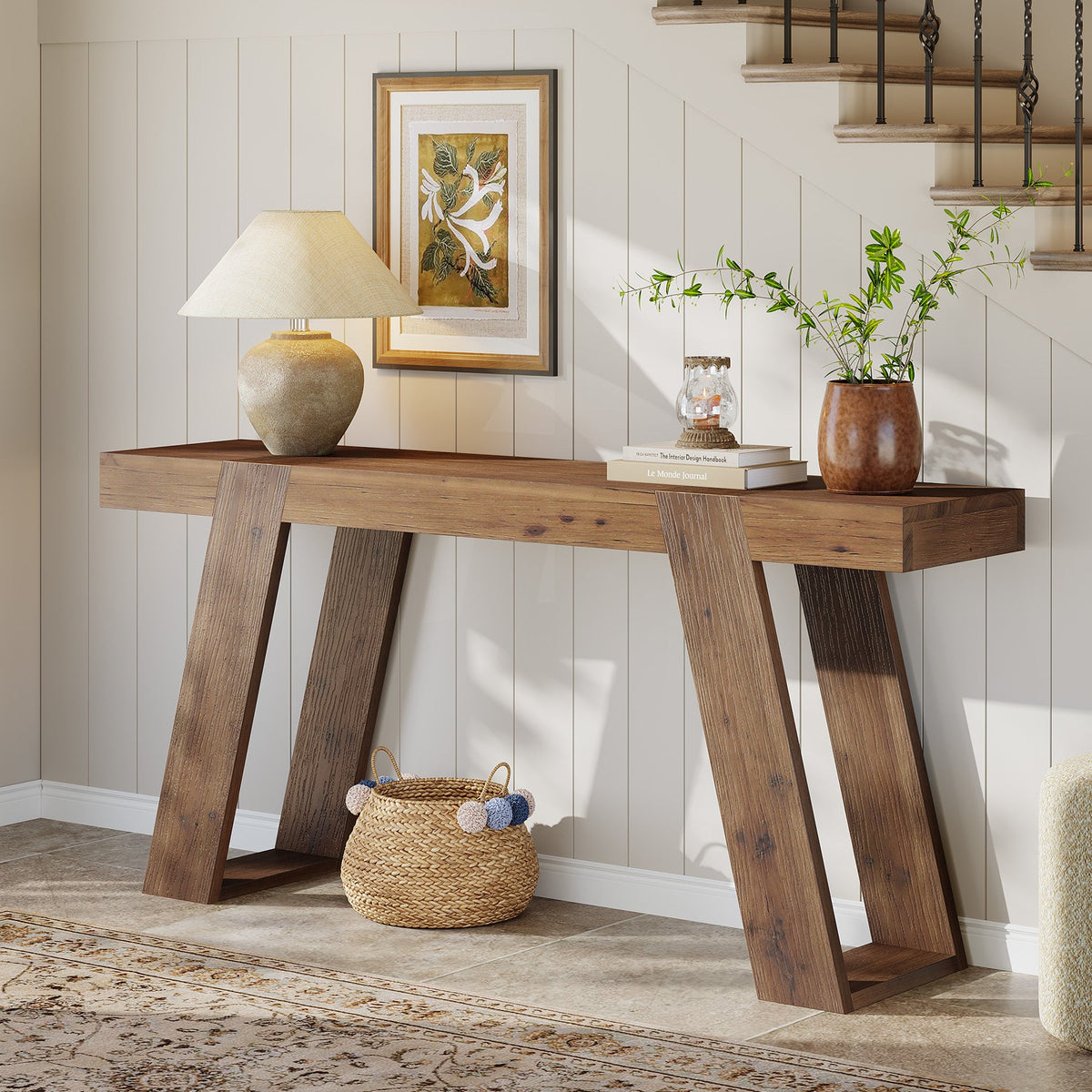 Solid Wood Console Table, 63" Narrow Sofa Table Behind Couch