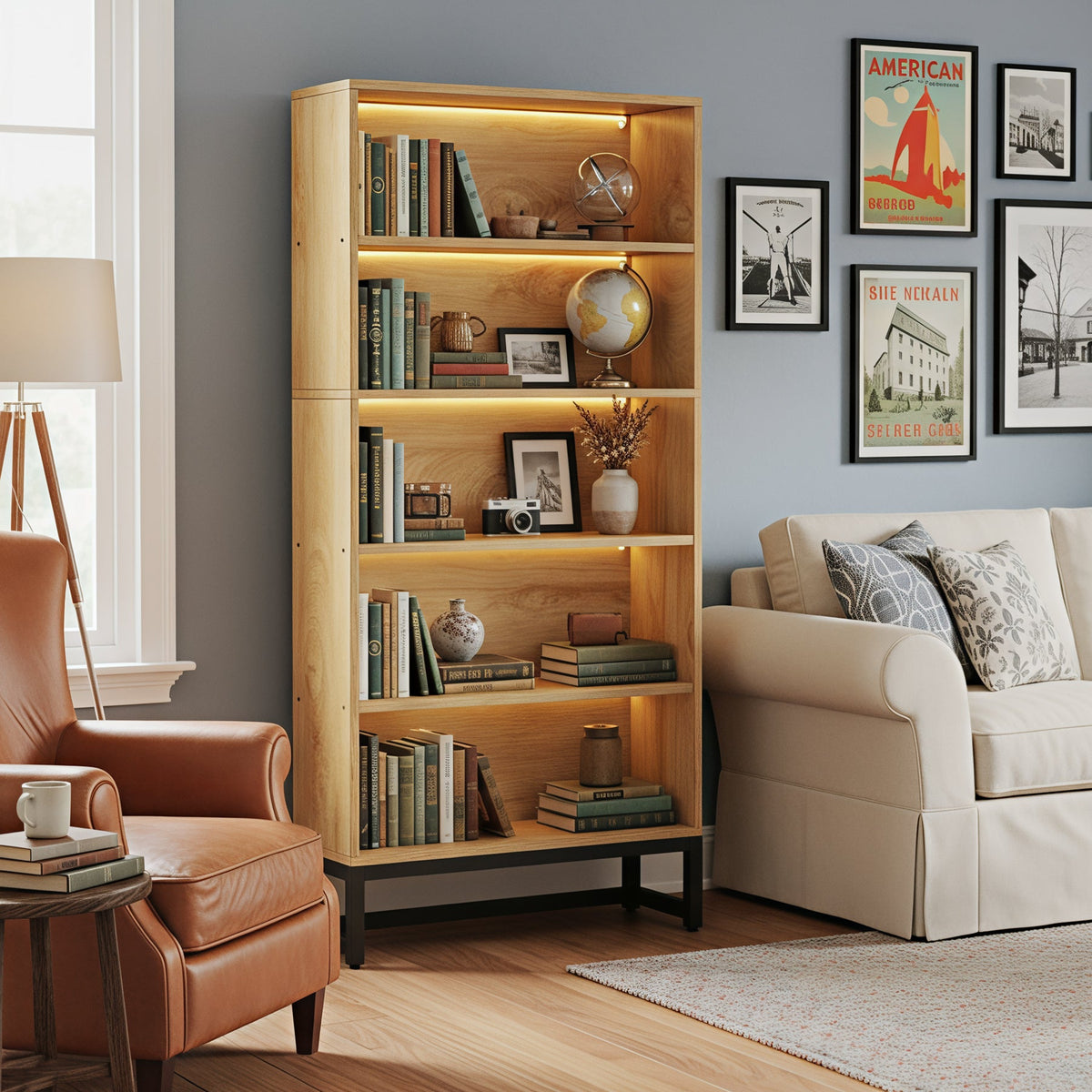 70.4“ 5-Tier Freestanding Bookshelf with LED Lights, Heavy-Duty Bookcase Display Organizer