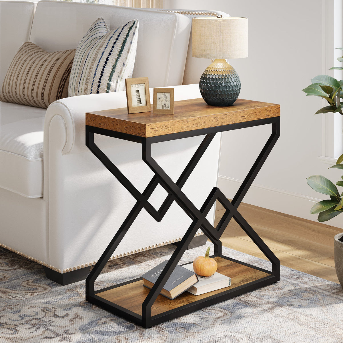 23.62" End Table, Narrow Side Table with Storage and X-Shaped Metal Frame