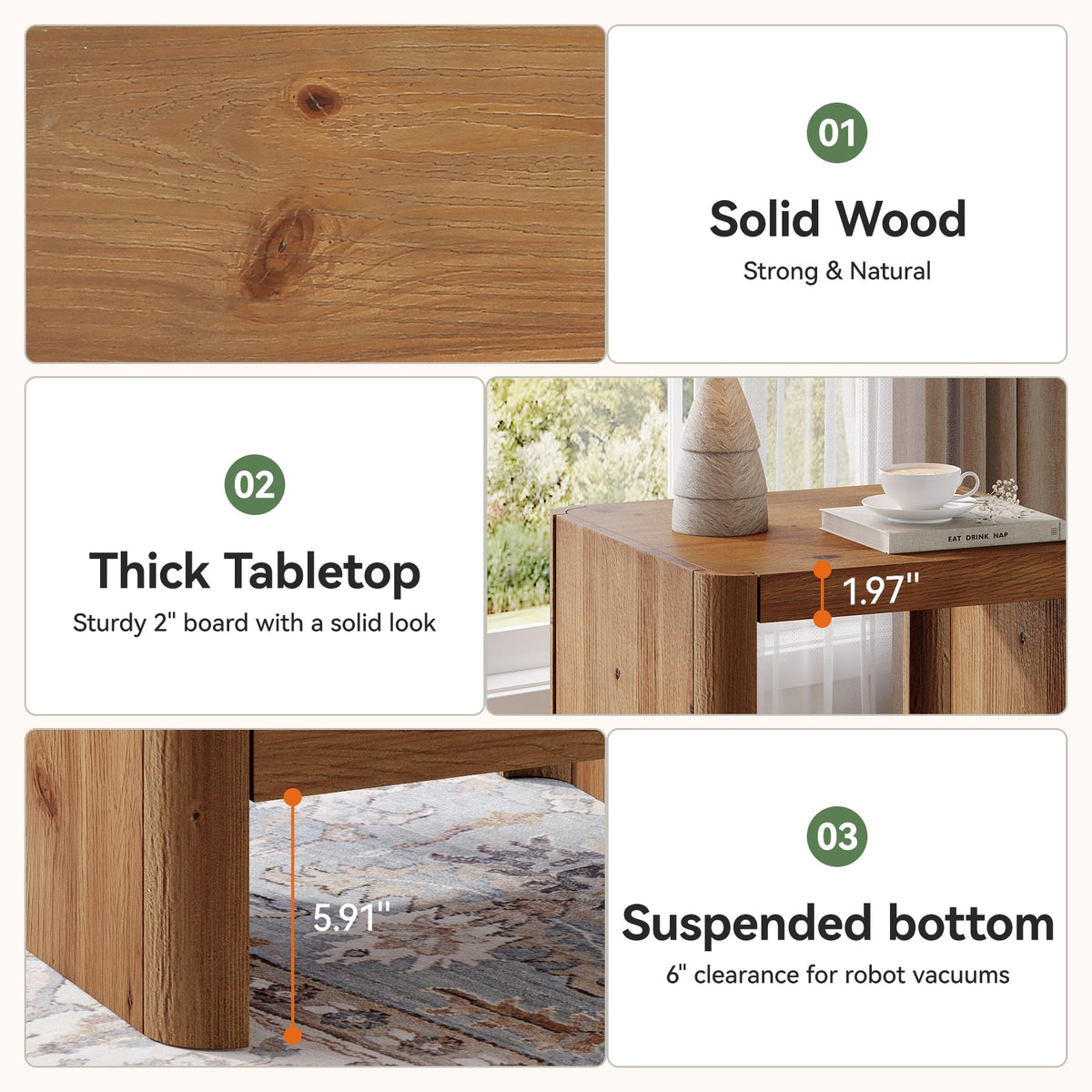 Solid Wood End Table, 2-Tier Side Table with Rounded Edges for Living Room