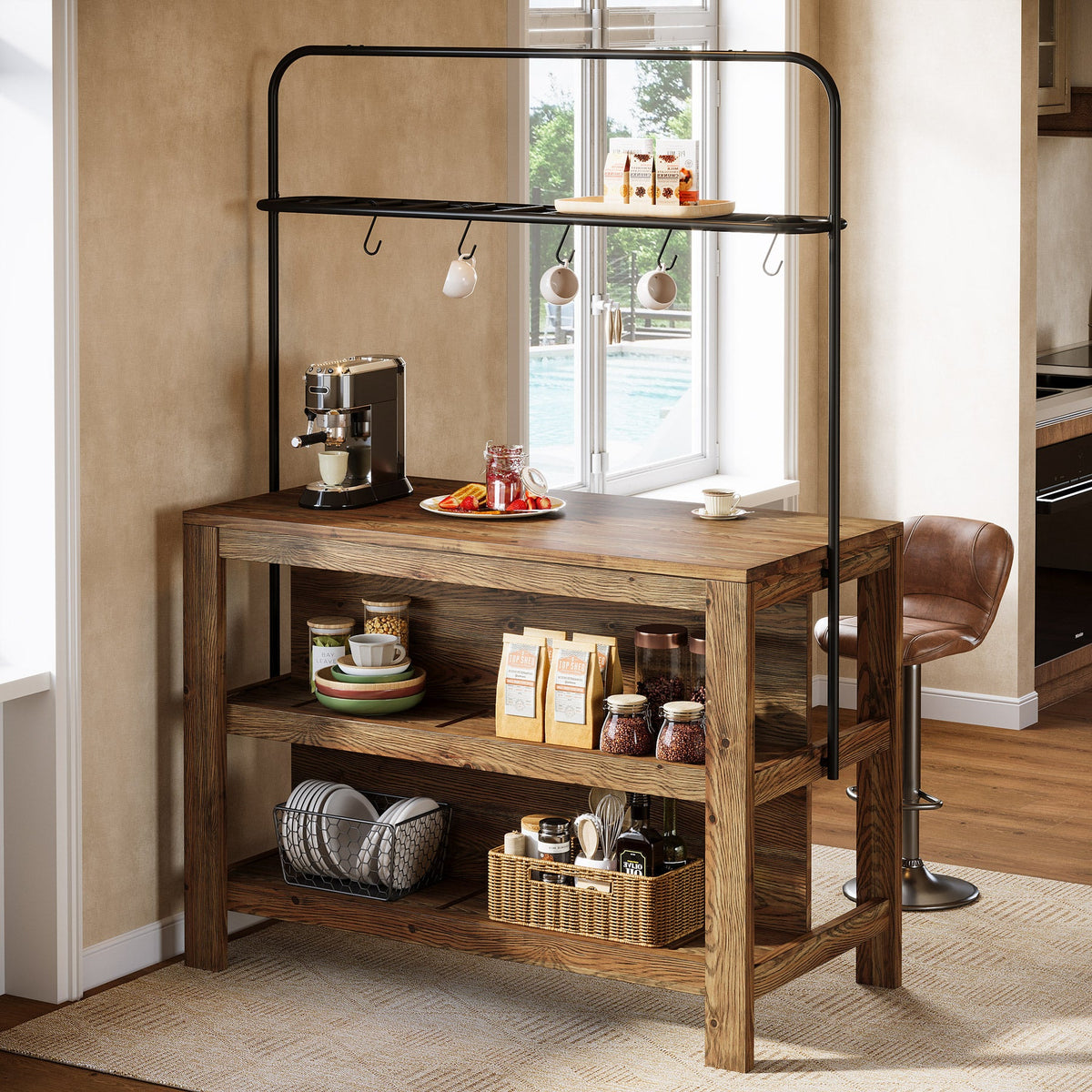 47" Solid Wood Kitchen Island Table with Storage and 5 Hooks
