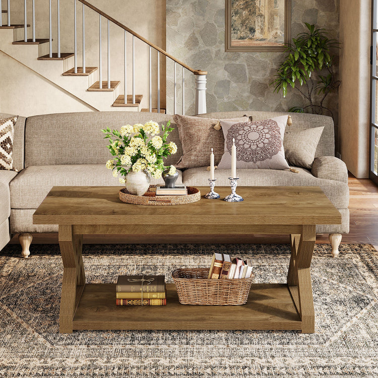 2-Tier Coffee Table, 47.24" Rectangle Center Tea Table with Open Shelves
