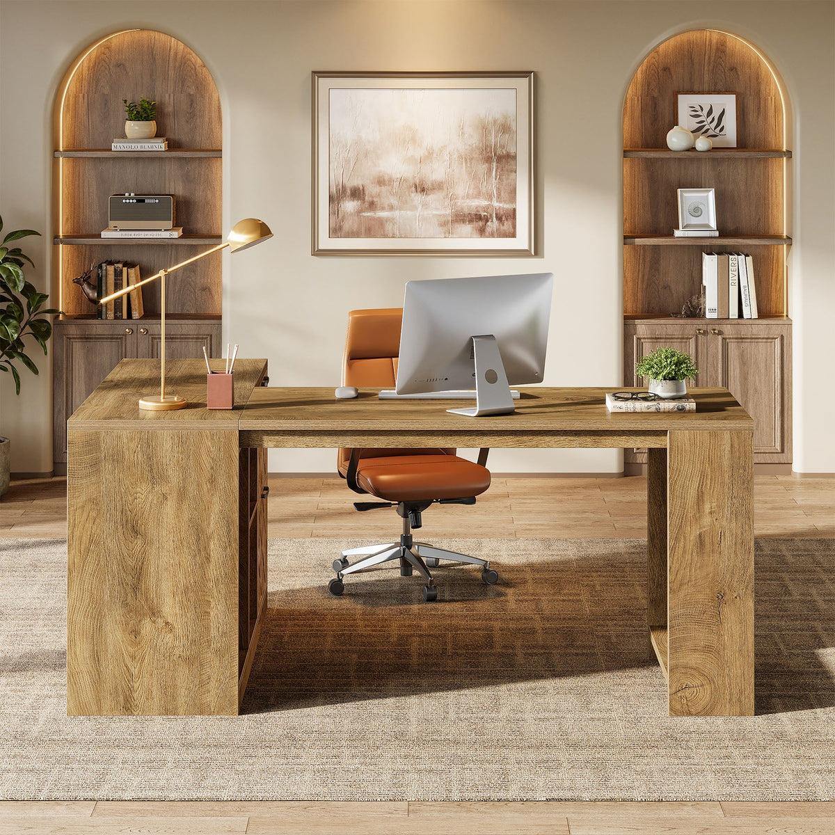 L-Shaped Executive Desk,  63" Office Desk with File Cabinets and Shelves