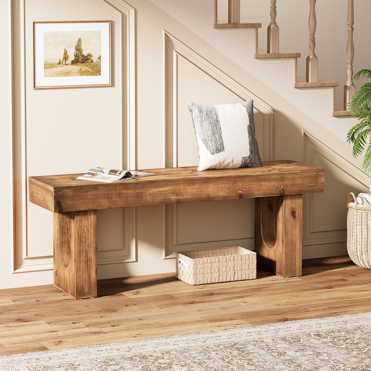 Wood Shoe Bench, 47" Narrow Entryway Bench End of Bed Bench