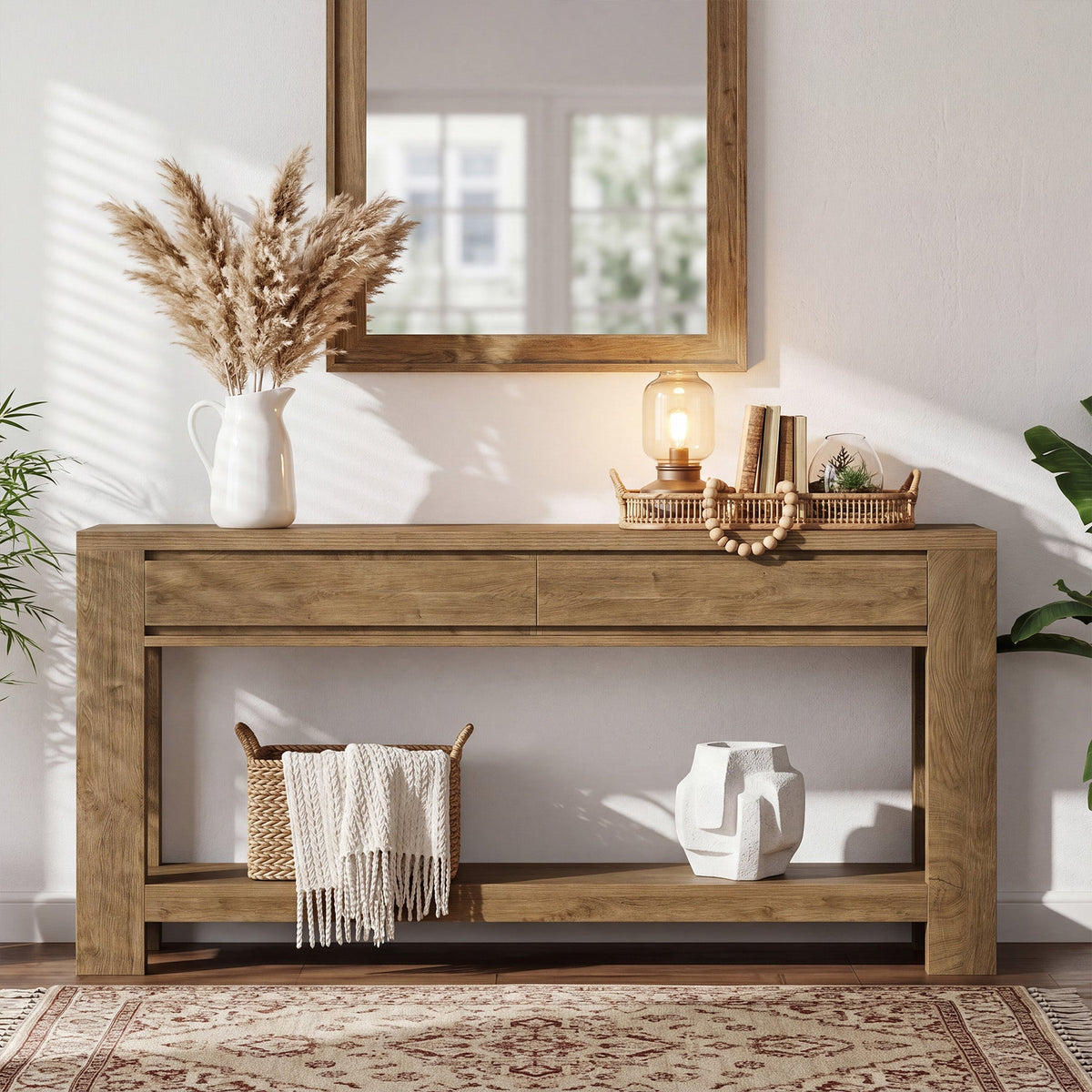 63" Console Table with 2 Storage Drawers, Farmhouse Entryway Table with Open Shelf