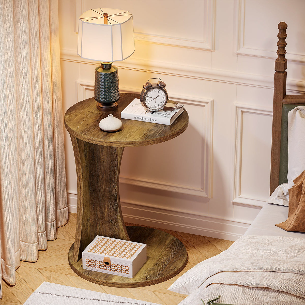 C-Shaped Nightstand, 2-Tier Bedside Table with Storage for Bedroom