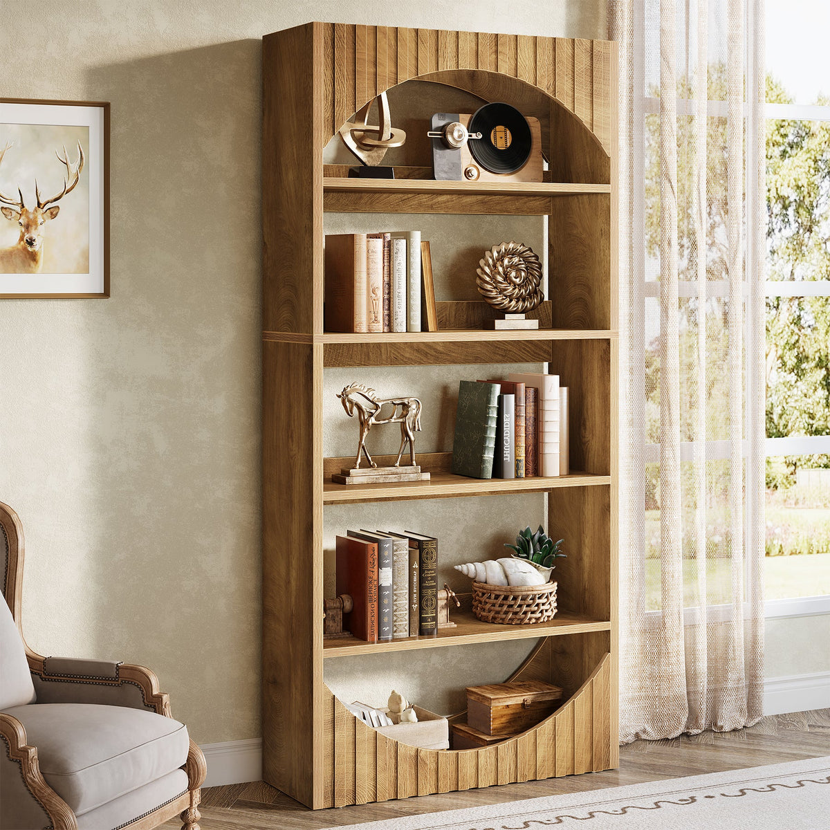 5-Tier Bookshelf, 70.8" Bookcase with Fluted Arched Top and Back Baffle
