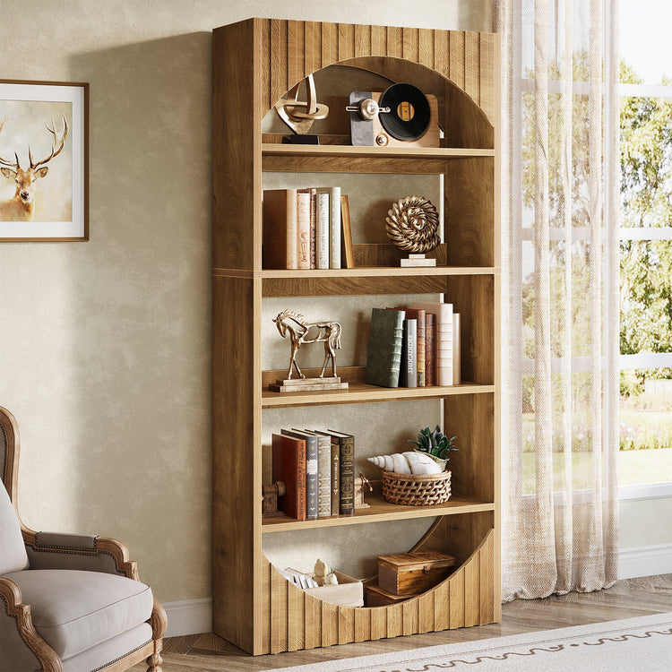 5-Tier Bookshelf, 70.8" Bookcase with Fluted Arched Top and Back Baffle