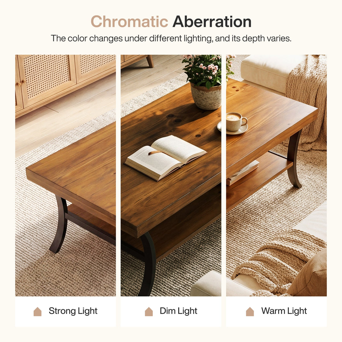 47.24" Solid Wood Coffee Table, 2-Tier Rectangular Center Table with Curved Metal Legs