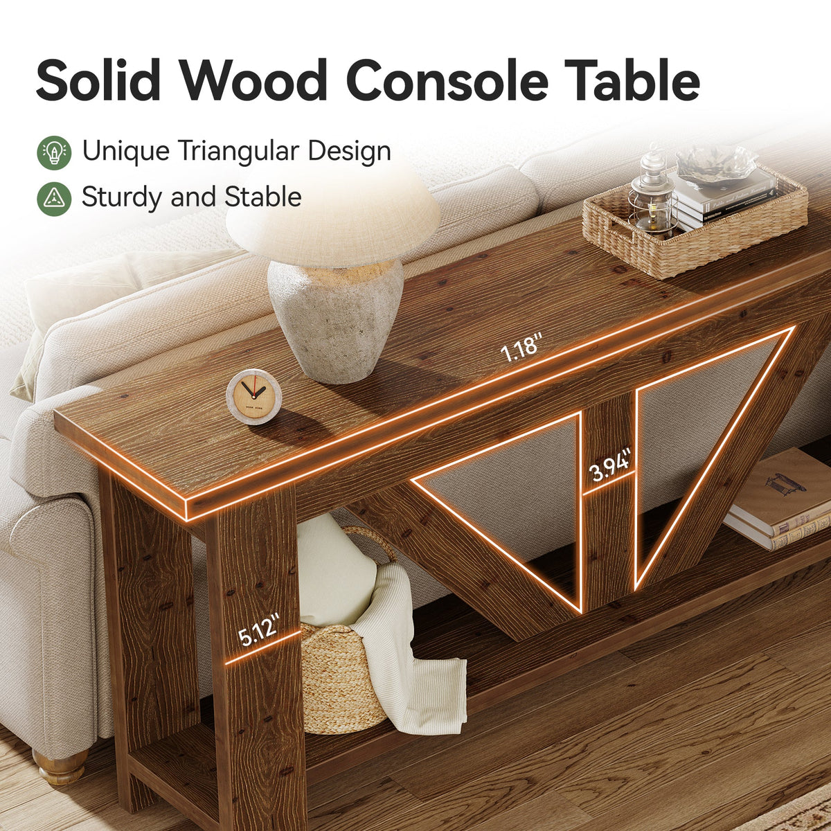 70.9" Solid Wood Console Table,  2-Tier Sofa Table Behind Couch with Storage
