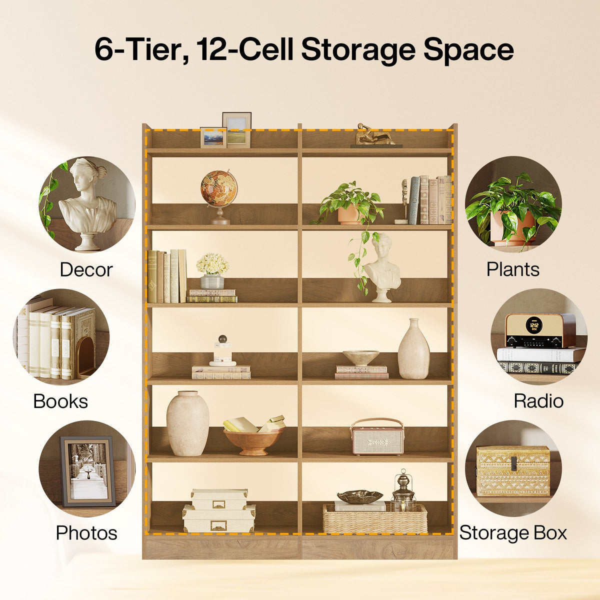 6-Tier Double Wide Bookshelf, 71" Bookcase Display Rack with Open Shelves