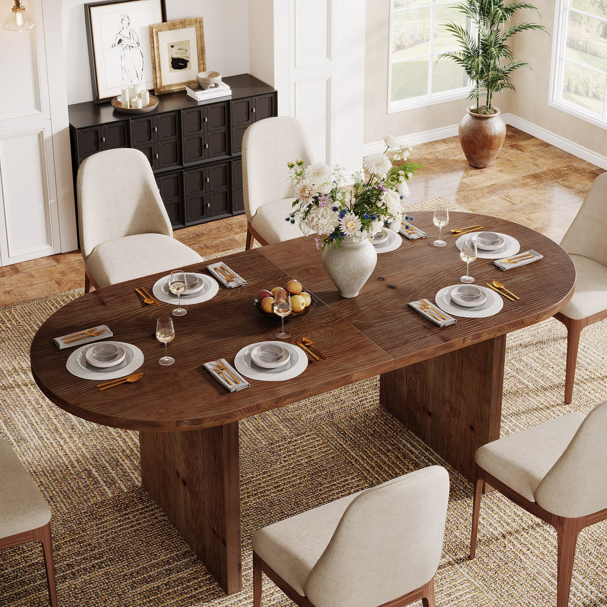 Solid Wood Dining Table, 63" Oval  Kitchen Dinner Table for 4-6