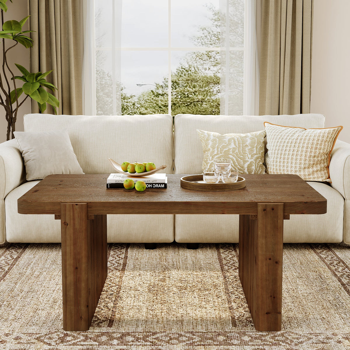47" Solid Wood Coffee Table, Rectangular Center Table with Heavy-Duty Legs