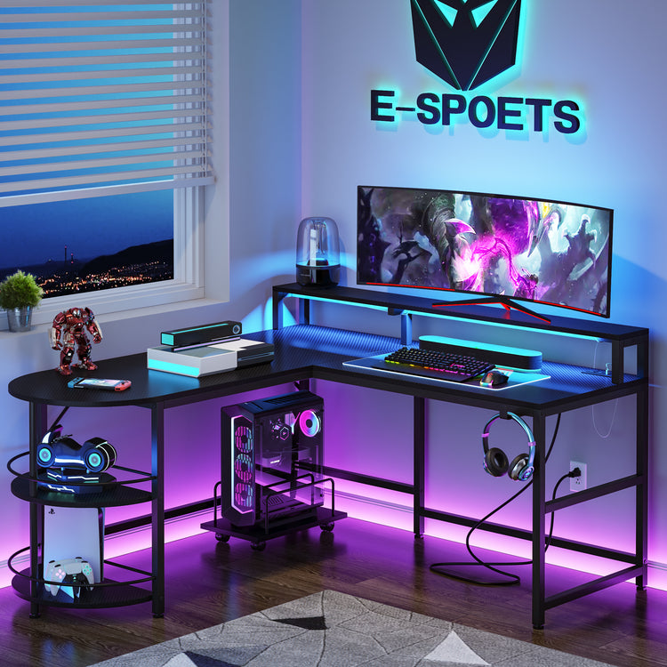 Gaming Desk with LED Strip & Power Outlets