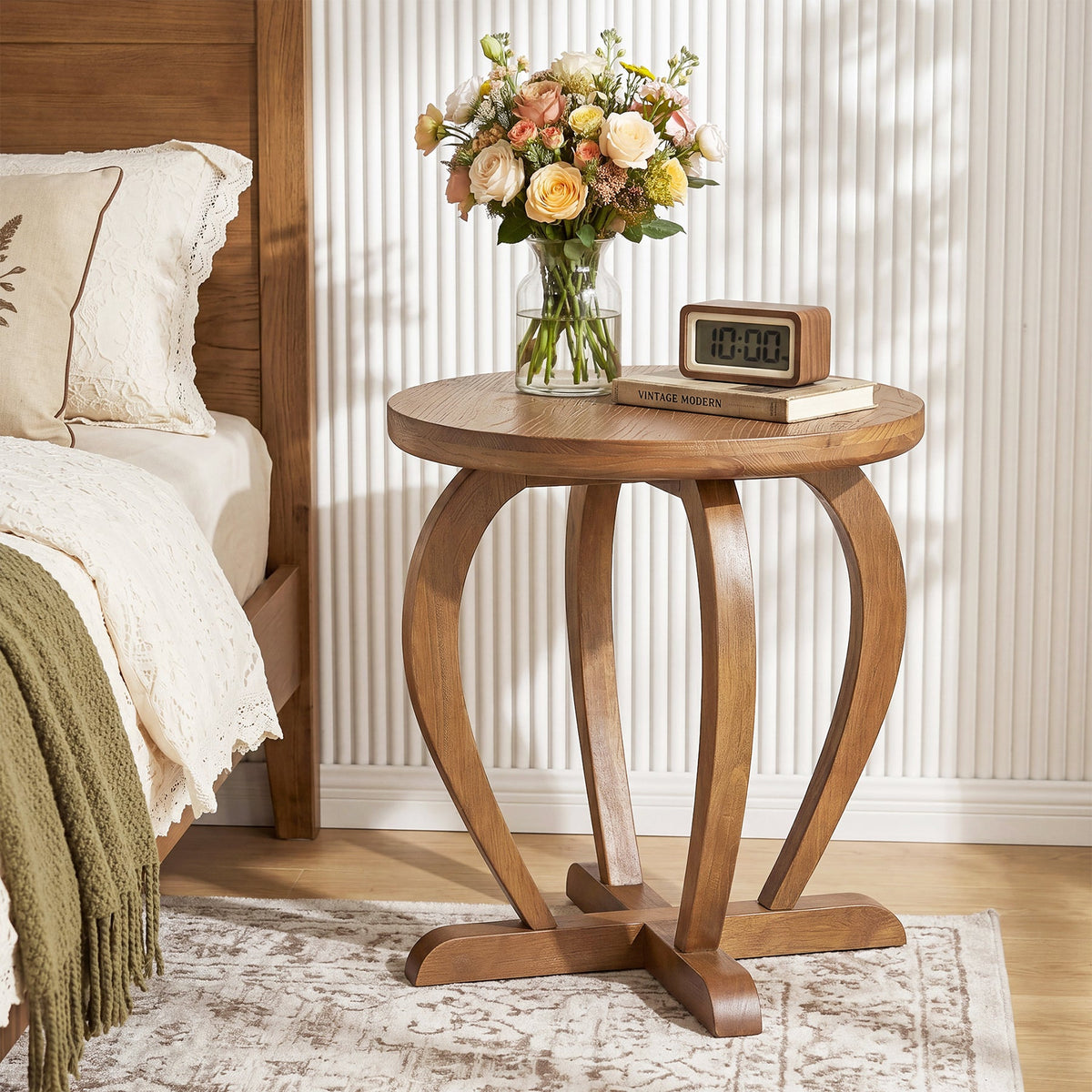 Solid Wood Round End Table, Accent Side Table with Curved Base for Living Room