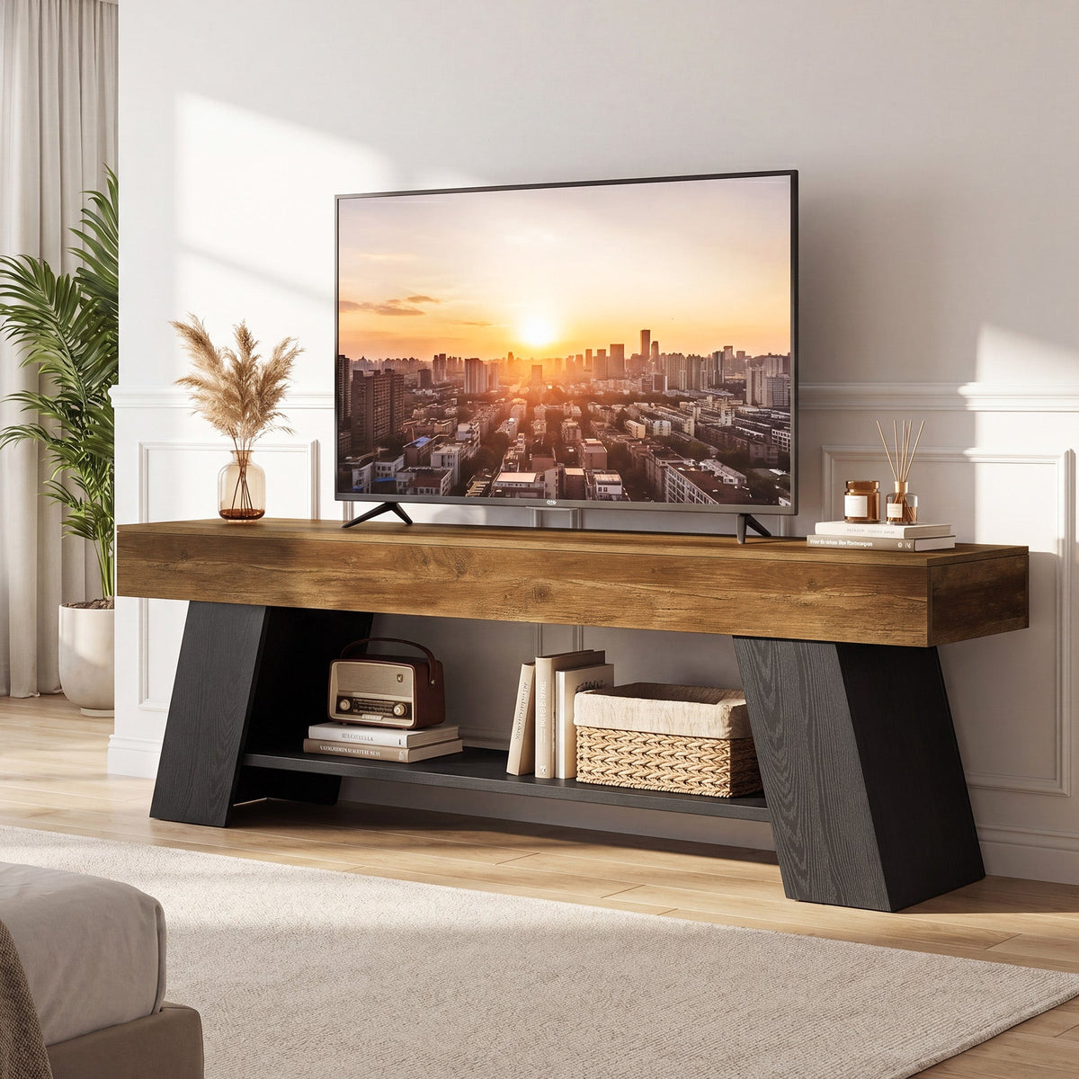 63" TV Stand for 55/65/70 Inch TVs, Industrial Media Console with Open Storage Shelf