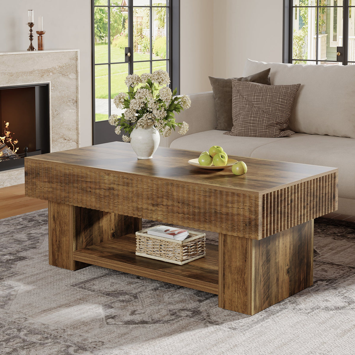 Farmhouse Coffee Table with Storage, 47" Center Table with Fluted Panel