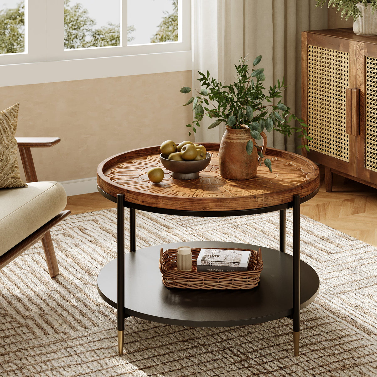 Solid Wood Round Coffee Table, 31.5" Center Tea Table with Metal Frame