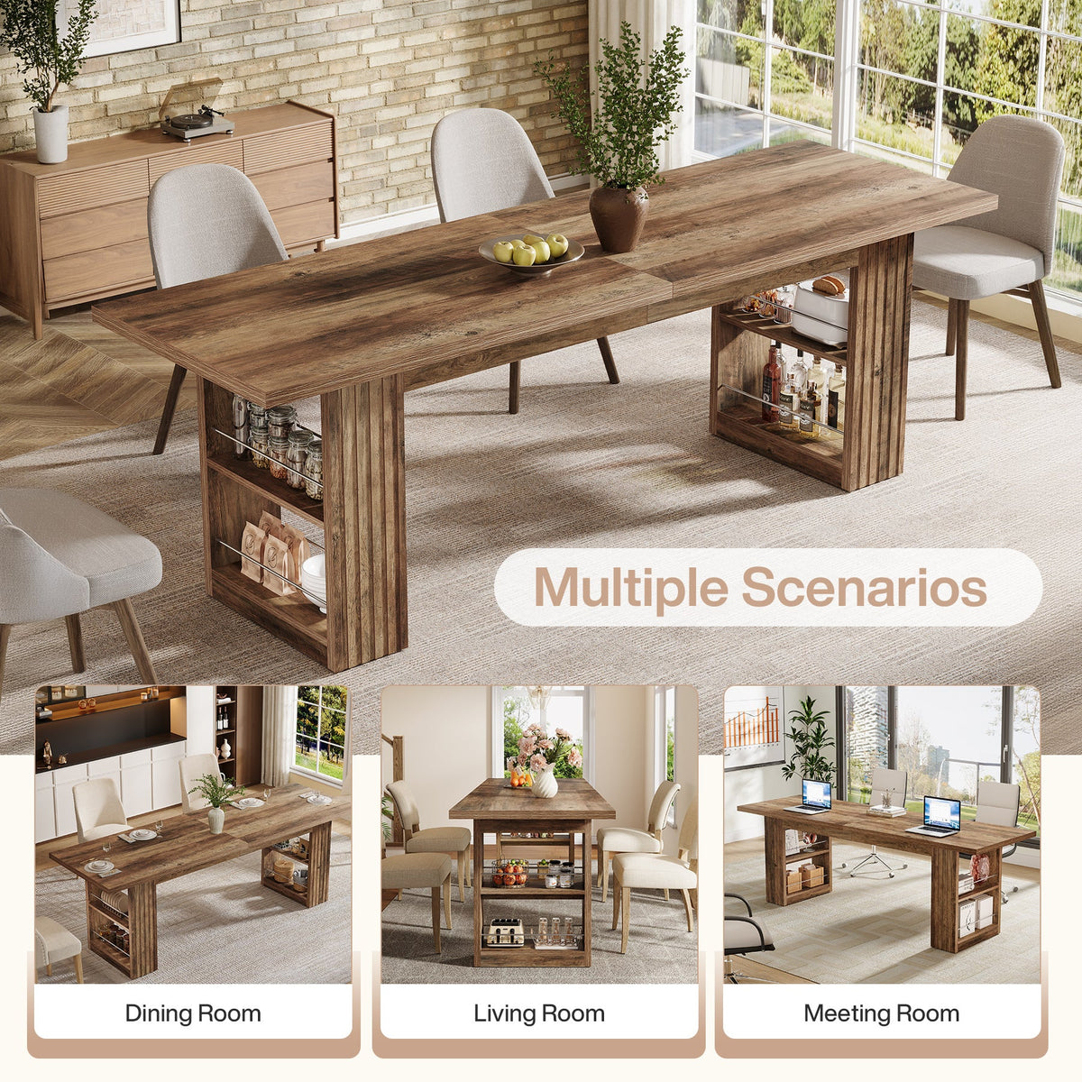79” Farmhouse Dining Table, Large Kitchen Table with Storage Shelves for Dining Room & Kitchen