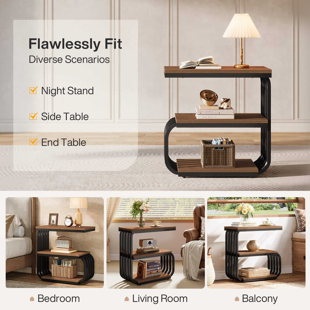 3 Tier End Table, Vintage Side or Bedside Stand for Living Room