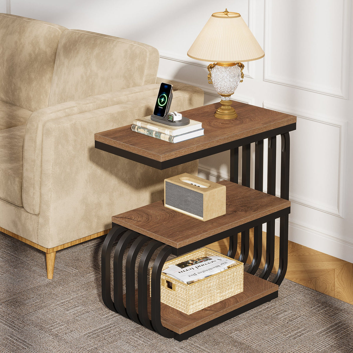 3 Tier End Table, Vintage Side or Bedside Stand for Living Room