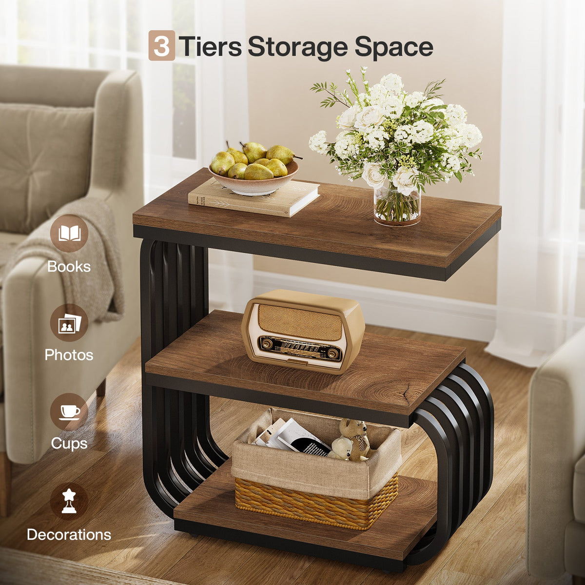 3 Tier End Table, Vintage Side or Bedside Stand for Living Room