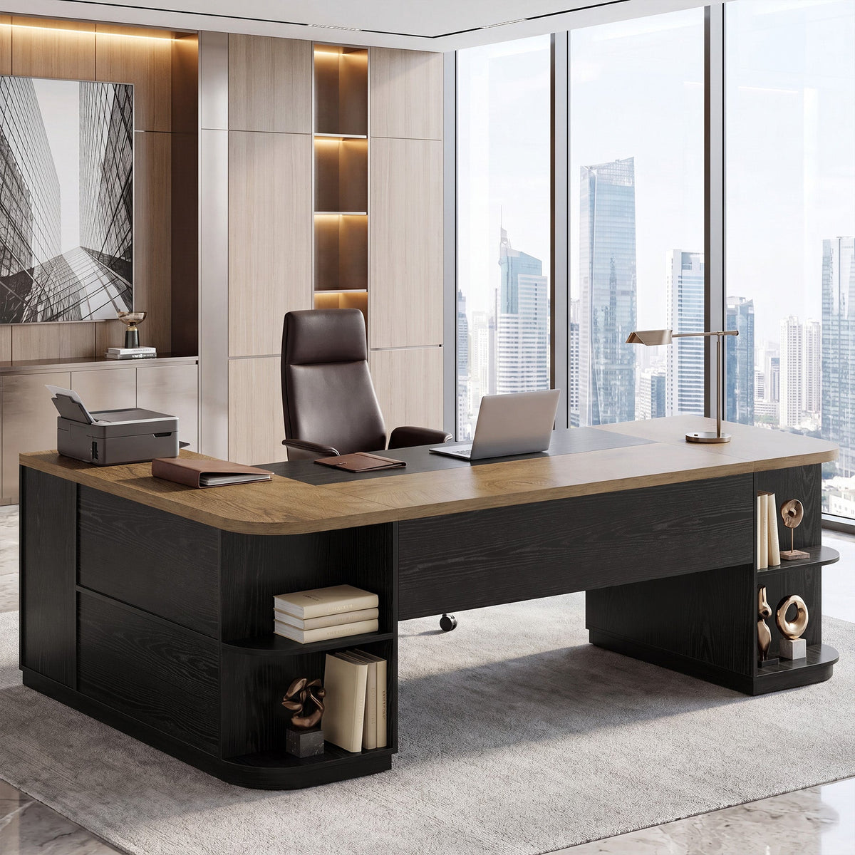 86.6" L-Shaped Executive Desk, Large Computer Desk with Drawers & 55" File Cabinet