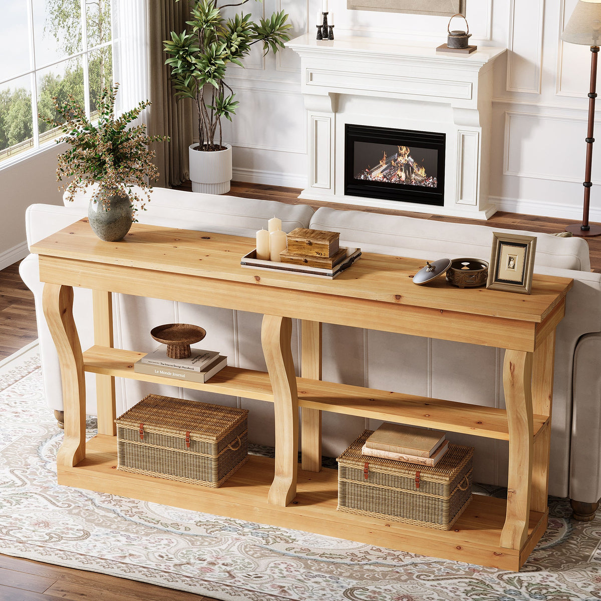 3-Tier Solid Wood Console Table, 63" Sofa Entryway Table with Storage