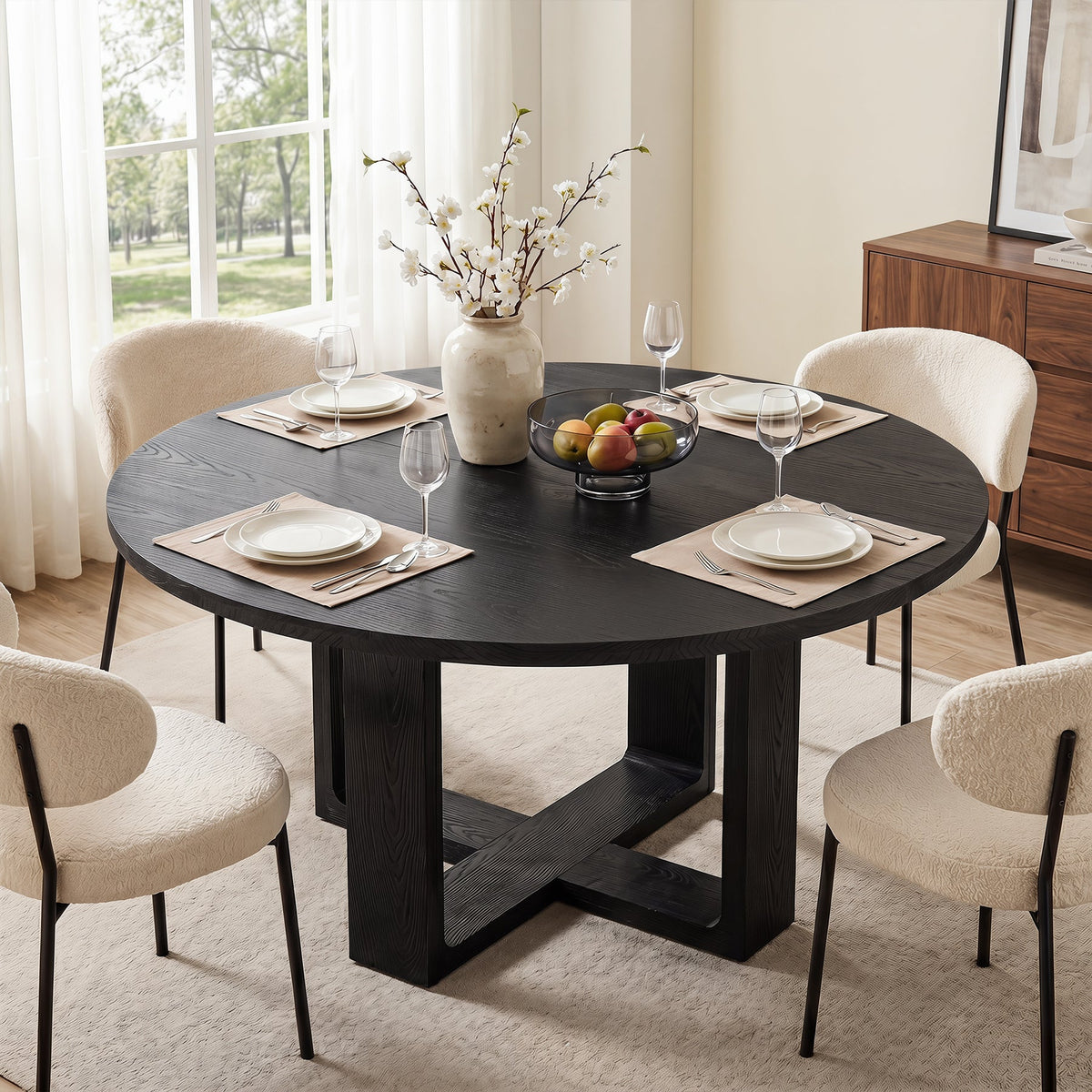 47.24" Round Solid Wood Dining Table, Black Kitchen Table for 4–6 with Cross-Shaped Base
