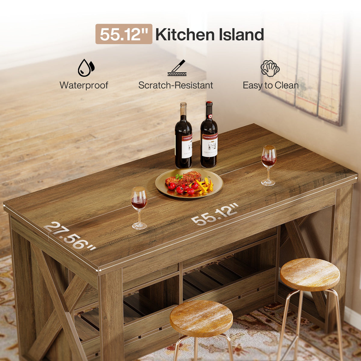 55" Kitchen Island, Wooden Bar Table with 2 Drawers and Open Shelf