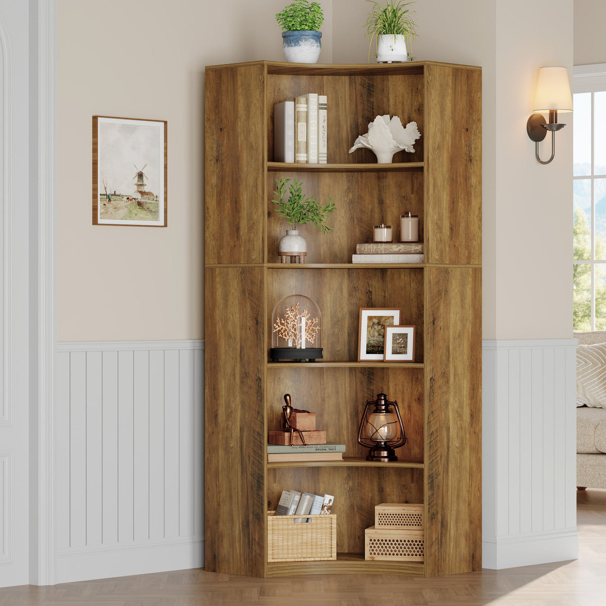 6-Tier Corner Bookshelf, 70.9" Tall Corner Bookcase with Curved Edges