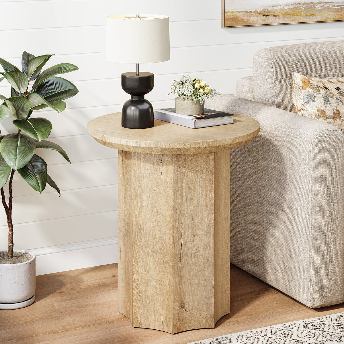 Round End Table, Wooden Pedestal Side Table with Octagonal Base