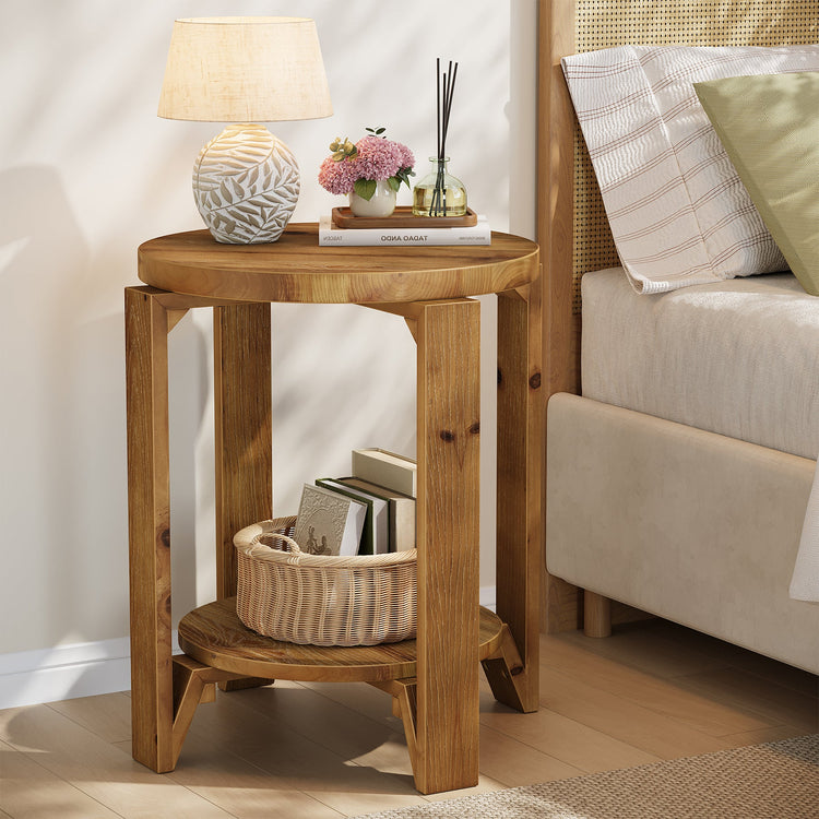Solid Wood End Table, 2-Tier Round Sofa Side Table Nightstand with Storage