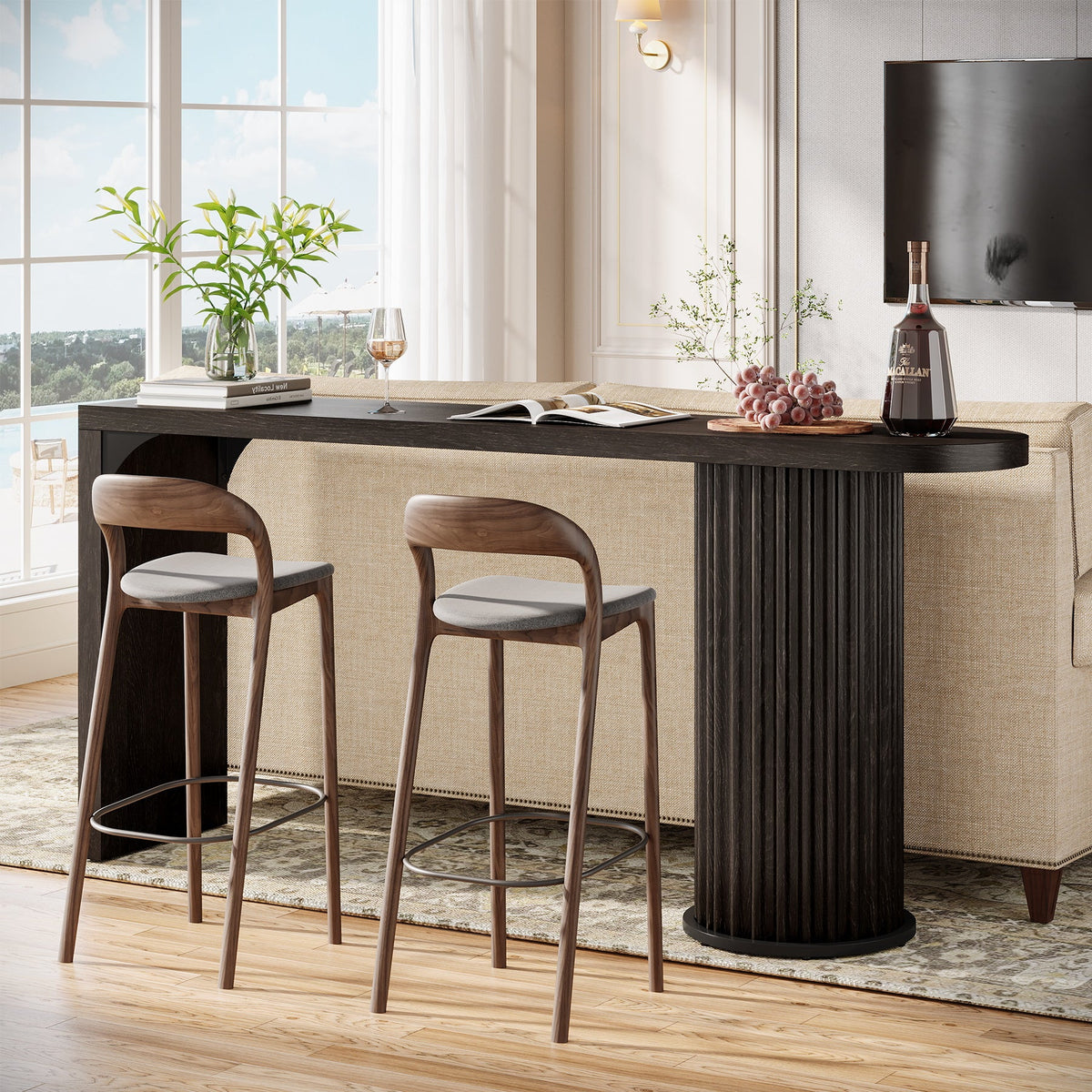 63" Bar Table, Counter Height Pub Table with Fluted Cylindrical Base