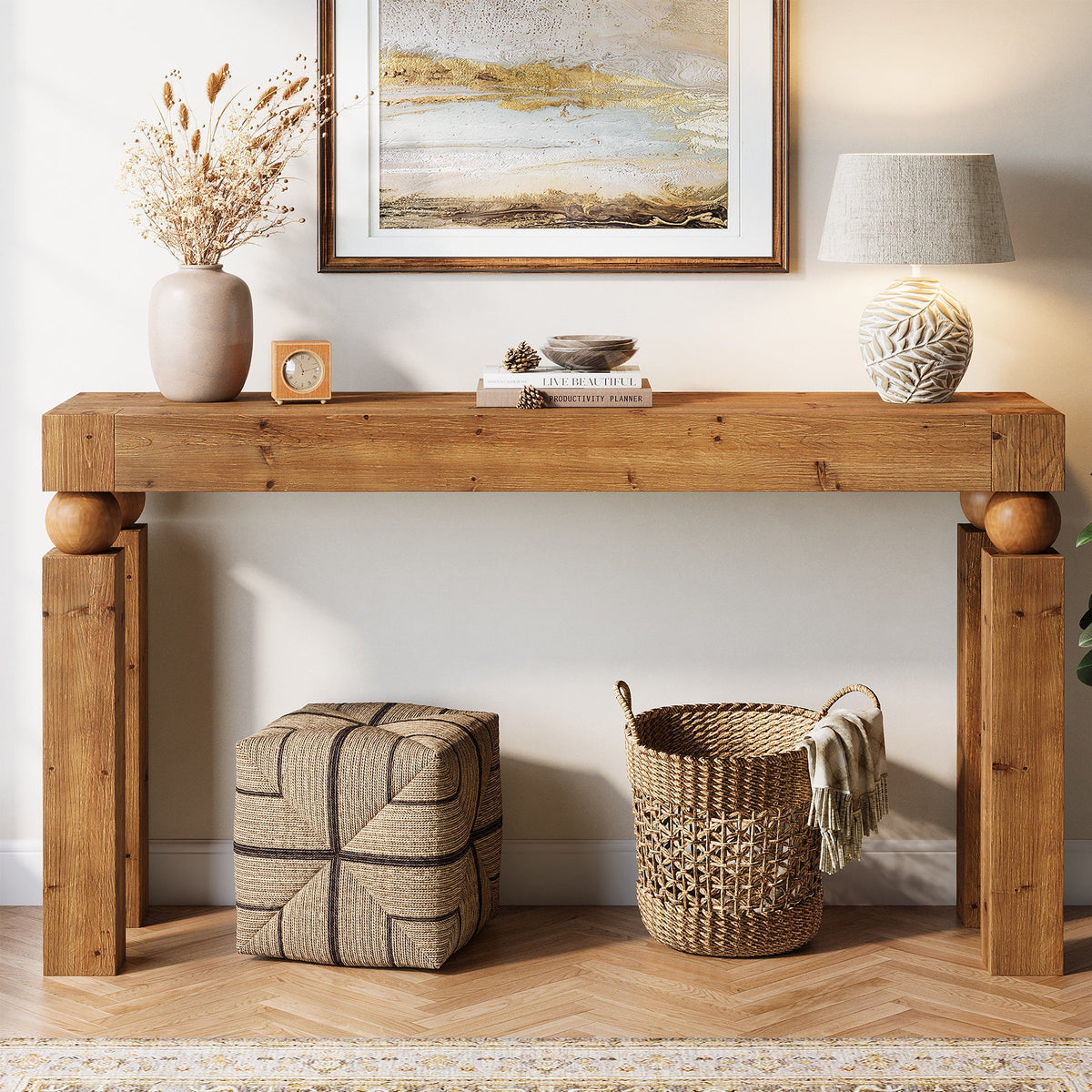59" Solid Wood Console Table, Narrow Farmhouse Sofa Table Behind Couch