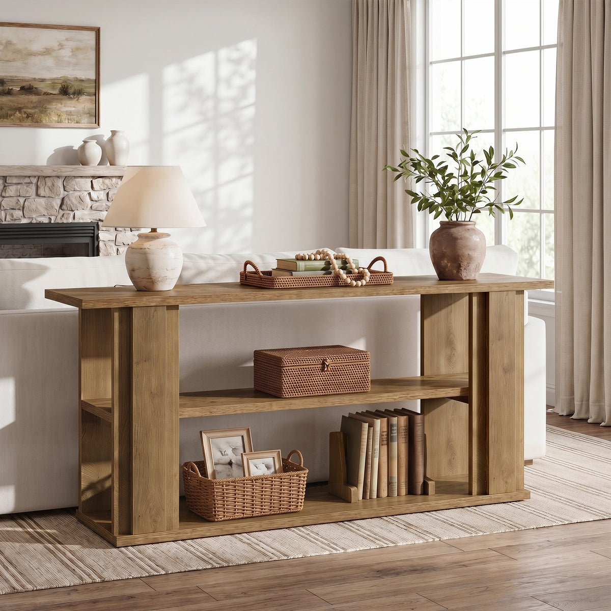 63" Farmhouse Console Table, Narrow Entryway Sofa Table with 3-Tier Storage Shelves