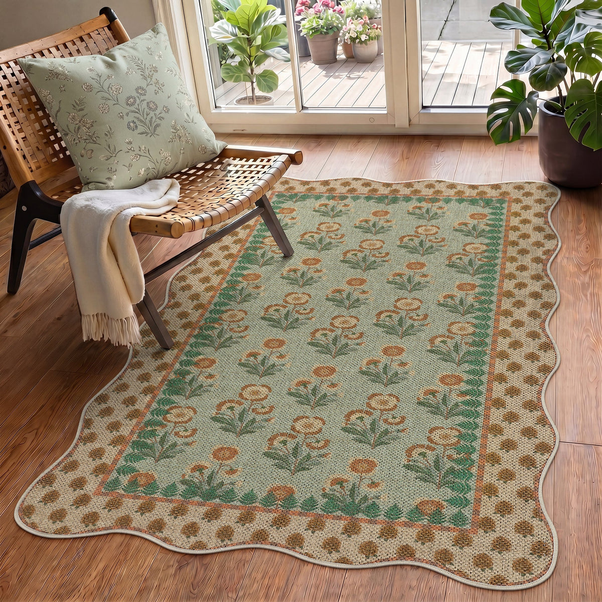 2x6/3x5 Scalloped Floral Easy Jute Washable Area Rug, Farmhouse Soft Low Pile Carpet for Hallway & Entryway, Oeko-Tex Certified