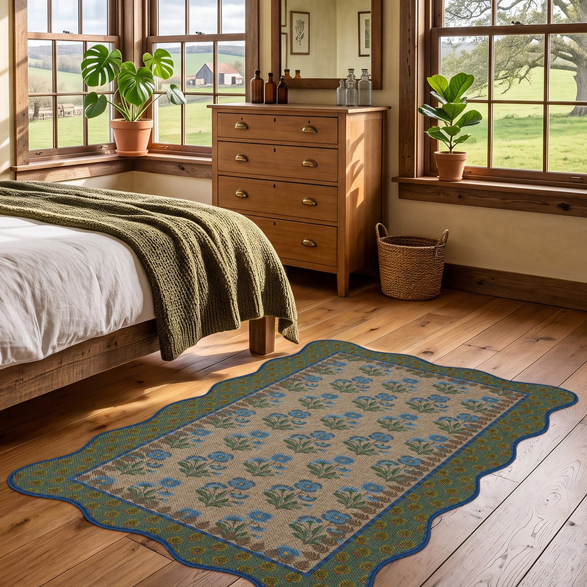 2x6/3x5 Scalloped Floral Easy Jute Washable Area Rug, Farmhouse Soft Low Pile Carpet for Hallway & Entryway, Oeko-Tex Certified