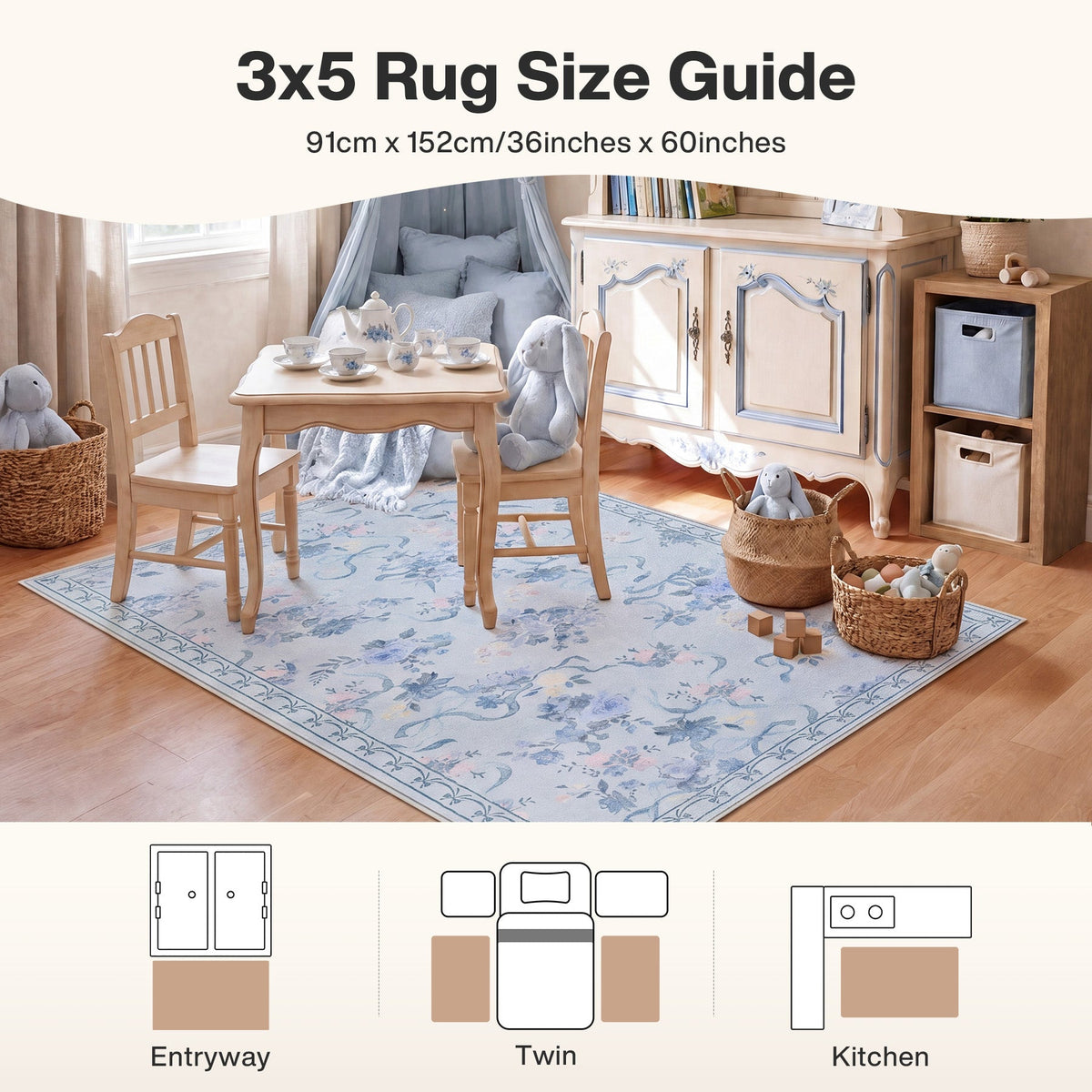 3x5/5x7 Bow Floral Area Rugs#Color_Blue