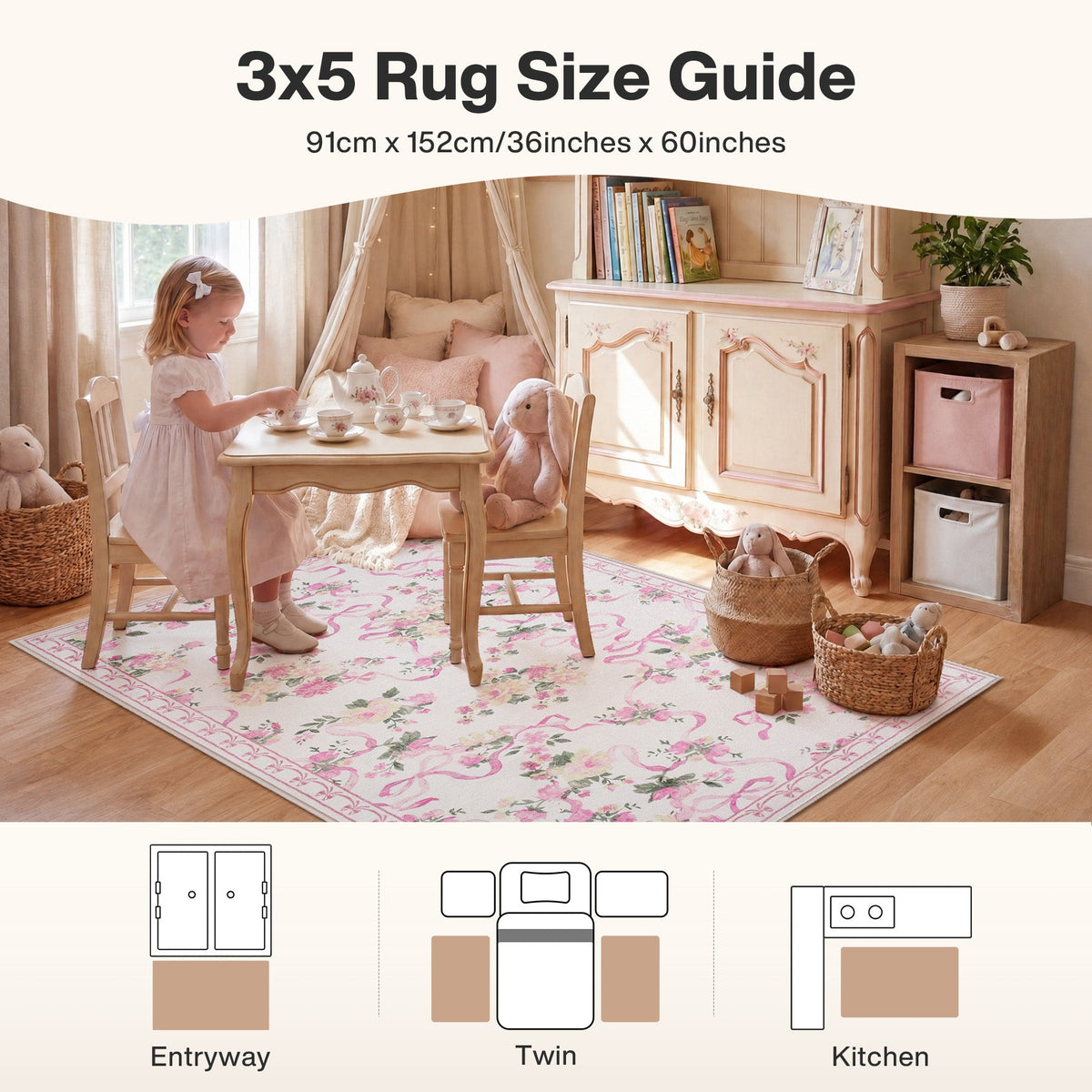 3x5/5x7 Bow Floral Area Rugs#Color_Pink