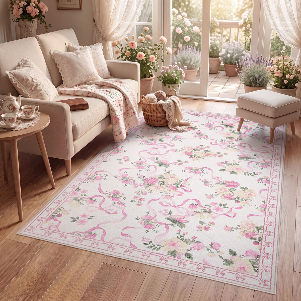 3x5/5x7 Bow Floral Area Rugs#Color_Pink