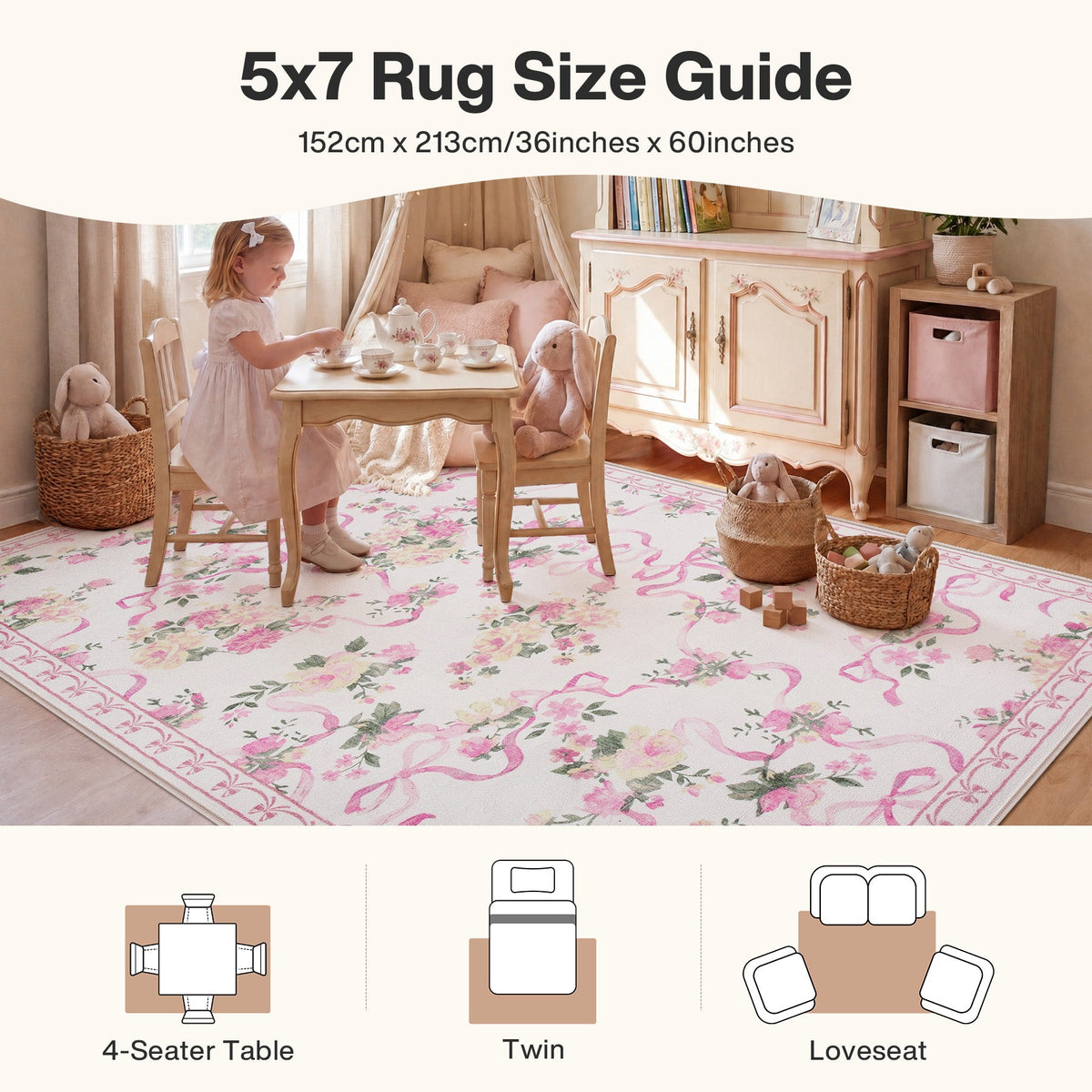 3x5/5x7 Bow Floral Area Rugs#Color_Pink