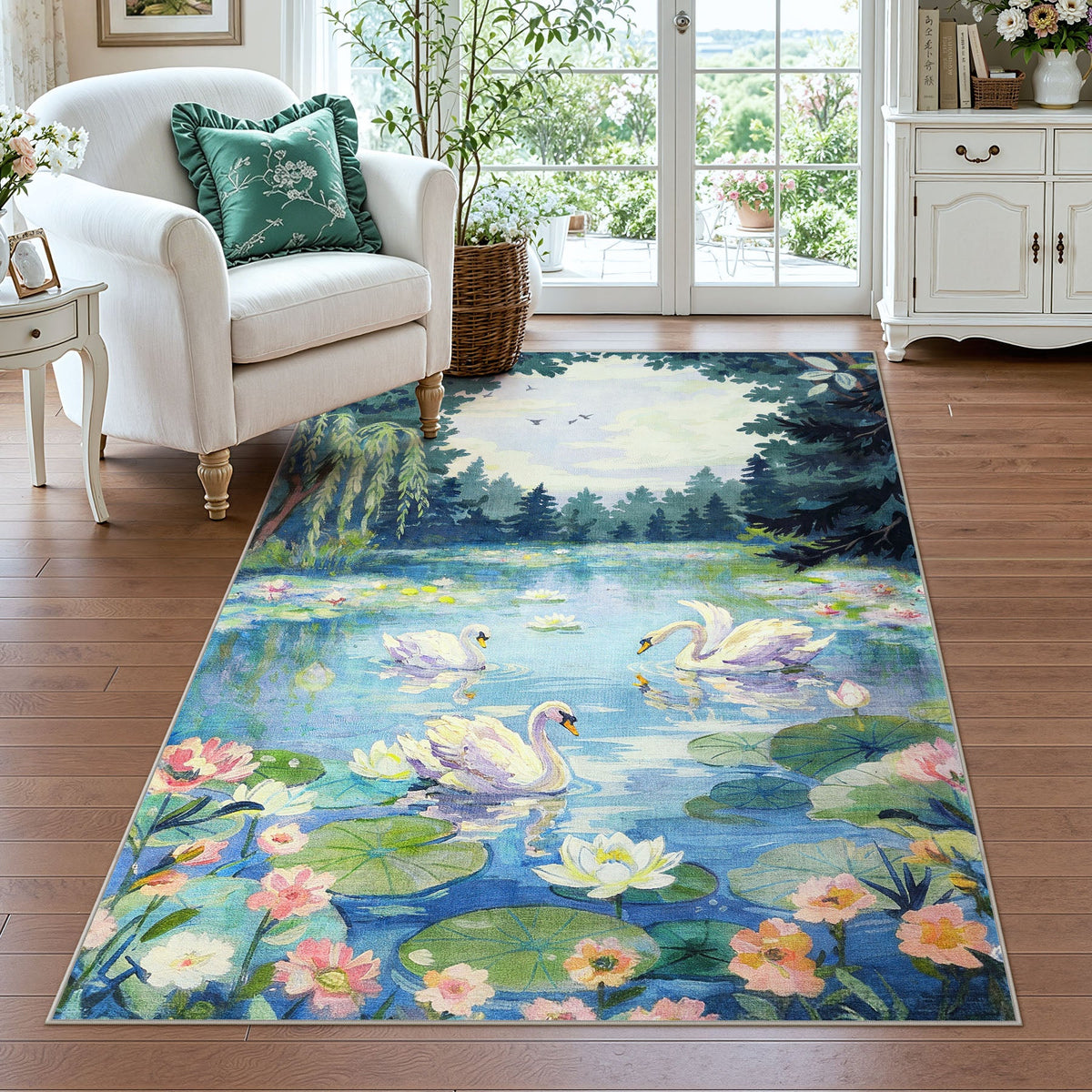 3x5 Swan Lake in oil painting style Area Rugs#Color_Green