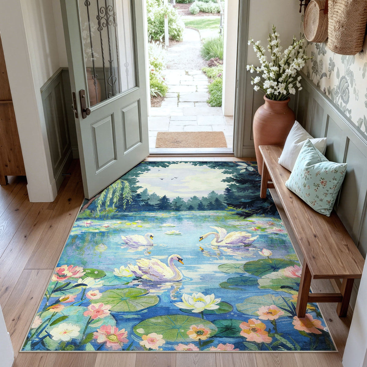 5x7 Swan Lake in oil painting style Area Rugs#Color_Green