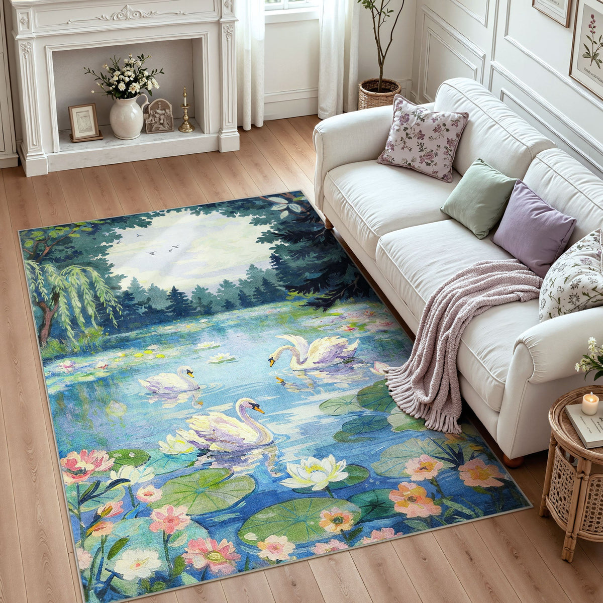 5x7 Swan Lake in oil painting style Area Rugs#Color_Green