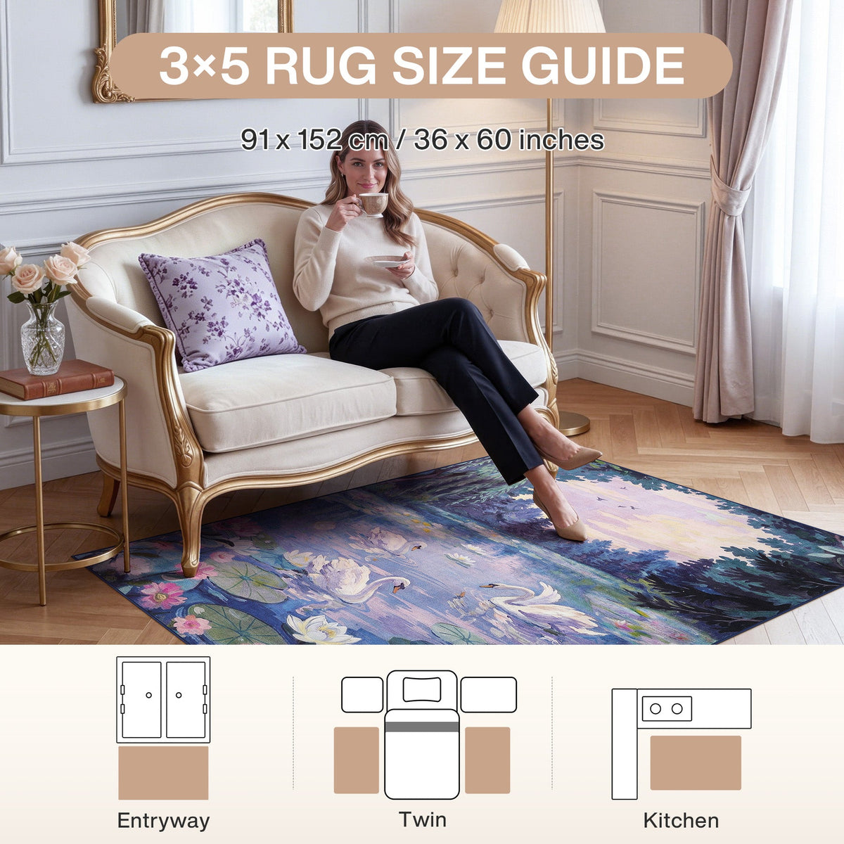 3x5 Swan Lake in oil painting style Area Rugs#Color_Purple
